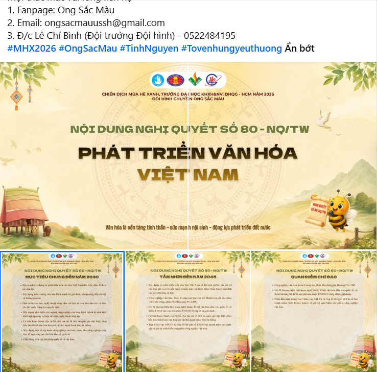 HƯỞNG ỨNG NGÀY CAO ĐIỂM “TỰ HÀO BẢN SẮC – LAN TỎA NÉT ĐẸP VIỆT” – GIÁO DỤC TRUYỀN THỐNG, BẢN SẮC VĂN HÓA VIỆT NAM THEO NGHỊ QUYẾT SỐ 80-NQ/TW CỦA BỘ CHÍNH TRỊ VỀ PHÁT TRIỂN VĂN HÓA VIỆT NAM | ĐỘI HÌNH CHUYÊN ONG SẮC MÀU – CHIẾN DỊCH MÙA HÈ XANH 2026